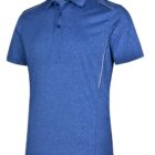 Blue polo shirt on display, featuring subtle white accents and short sleeves.