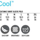 Size chart for RapidCool polo shirt from XS to 7XL with icons for features.
