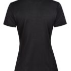 Back view of a black polo shirt with short sleeves and a collar.