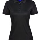 Black short-sleeve polo shirt with a collar and three buttons.