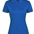 Blue short-sleeve polo shirt with collar and buttons, on white background.