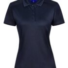Navy blue womens polo shirt with buttons and collar on a white background.