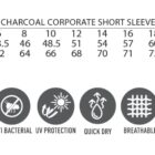 Size chart and feature icons for a ladies bamboo charcoal polo shirt.