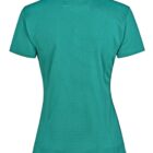 Back view of a teal polo shirt with short sleeves and a collar.