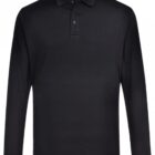 Black long-sleeve polo shirt with a collar and buttoned placket.