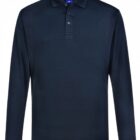 Dark blue long-sleeve polo shirt with a collar and buttoned placket.