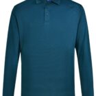 Teal long-sleeve polo shirt with a blue label on the collar.