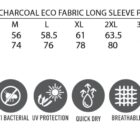 Size chart for mens bamboo charcoal long sleeve polo, with fabric feature icons below.