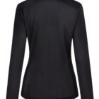 Back view of a long-sleeve black jacket with a high collar.