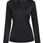 Black long-sleeve polo shirt with collar and buttons.