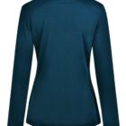 Back view of a long-sleeve, teal jacket with a high collar.