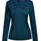 Teal long-sleeve polo shirt with collar and buttons on front.