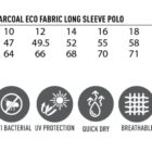 Size chart for ladies bamboo charcoal long sleeve polo with fabric features.