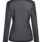 Back view of a long-sleeve, dark gray, fitted jacket on a hanger.