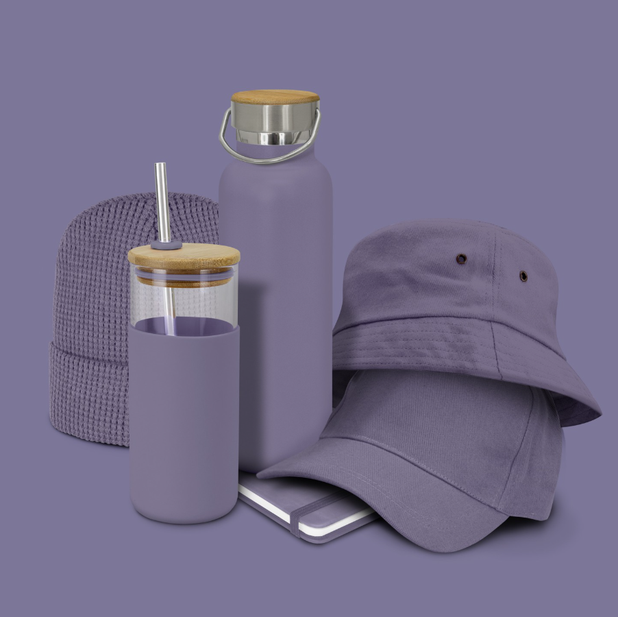 Promotional purple items | Cap, hat, Tumblr, Notebook