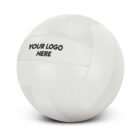 A white volleyball with black text that reads YOUR LOGO HERE on one of the panels. The ball features the typical stitched panel design associated with volleyballs.