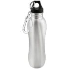 Silver metal water bottle with black lid and a carabiner clip attached to the top.