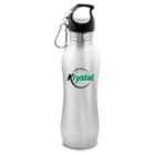 Silver water bottle with black lid, handle, metal clip, and Krystal logo on the front.