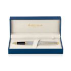 A silver and gold pen in a blue Waterman Paris gift box with cream interior.