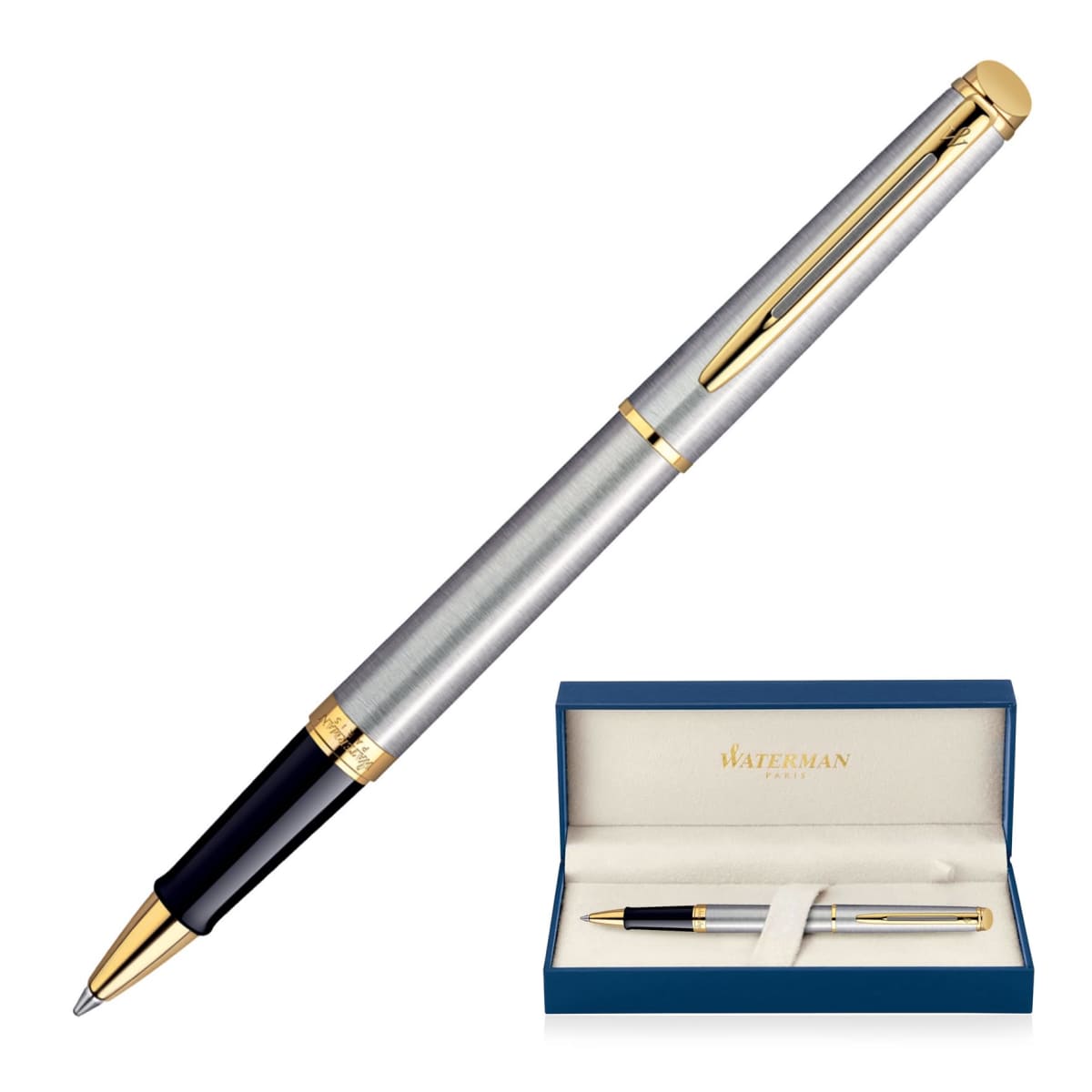 Silver and gold pen with black grip, shown with its blue Waterman branded box.