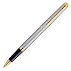 Silver and gold pen with a black grip, angled on a white background.