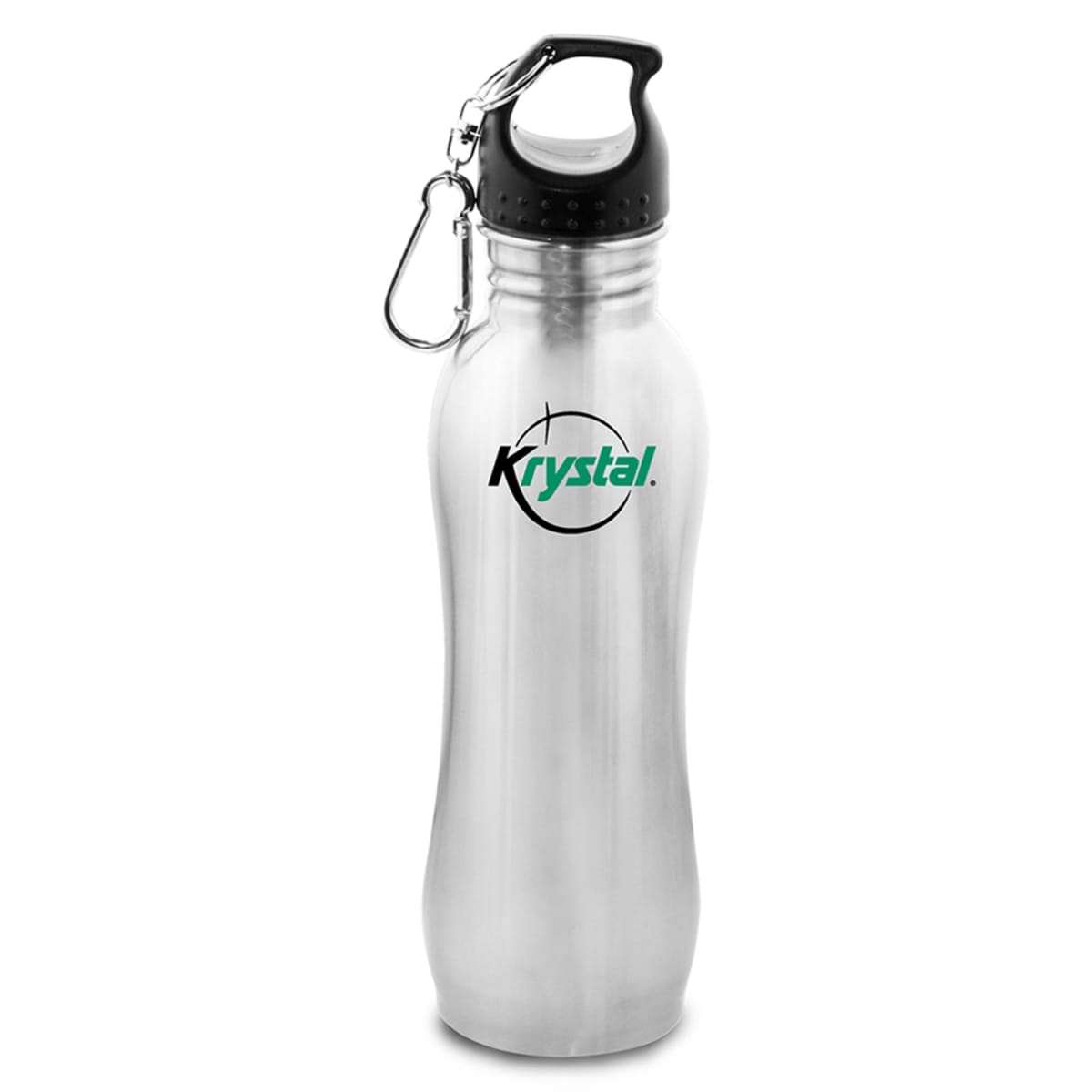 Silver water bottle with a black lid, carabiner, and Krystal logo printed on the front.