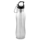 A stainless steel water bottle with a black cap and a metal carabiner clip attached.