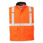 Bright orange safety vest with silver reflective stripes and large front pockets.