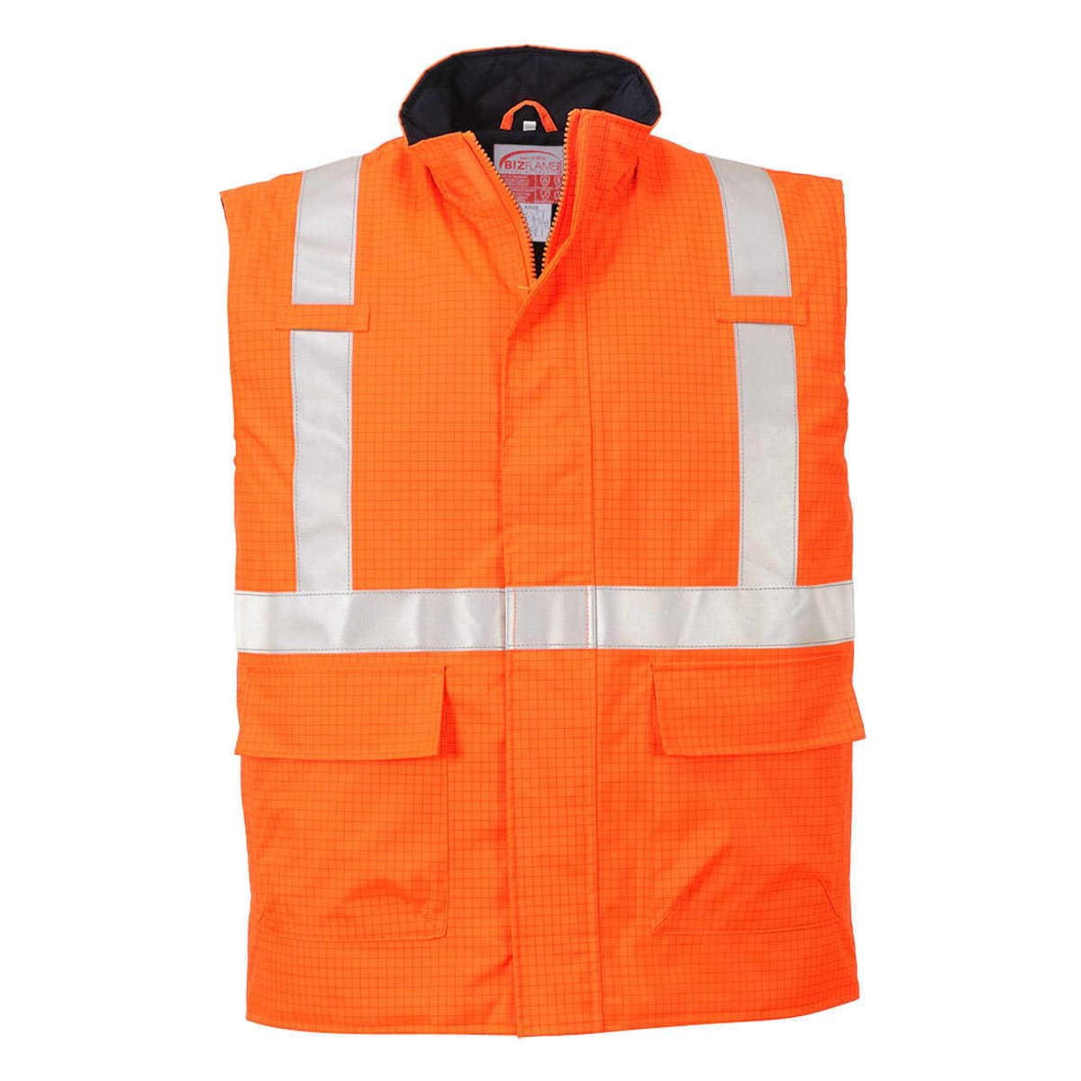 Bright orange safety vest with silver reflective stripes and large front pockets.