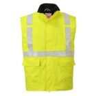 A yellow high-visibility safety vest with reflective silver stripes and front pockets.