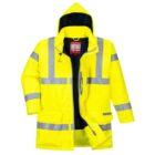 Bright yellow high-visibility jacket with silver reflective stripes and a hood, front unzipped.