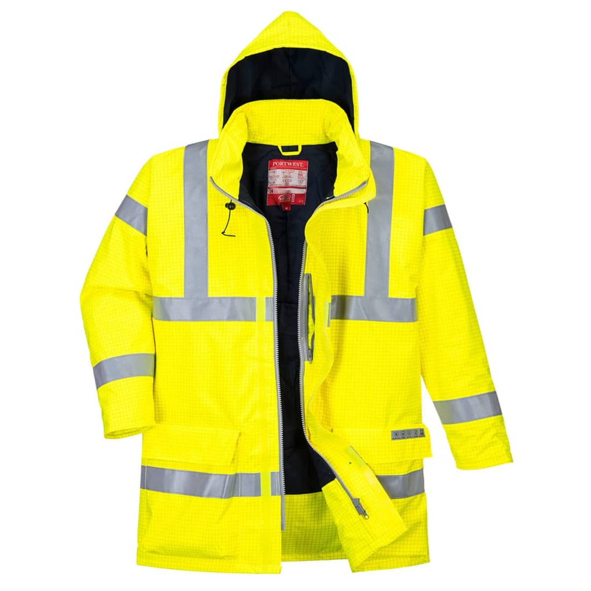 Bright yellow high-visibility jacket with silver reflective stripes and a hood, front unzipped.