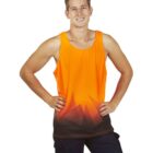 Smiling person in an orange tank top with a black geometric pattern, posing with hands on hips.