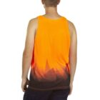 Man in an orange tank top with a geometric design, shown from the back, on white background.