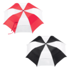 Red and white umbrella above a black and white umbrella on a white background.