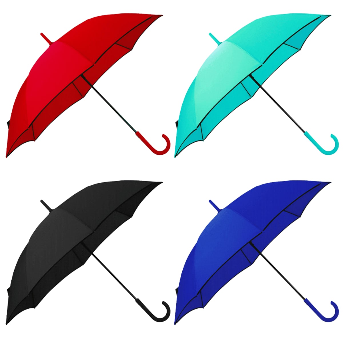 Four umbrellas: red, teal, black, and blue, each angled differently on a white background.