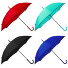 Red, teal, black, and blue umbrellas on a white background.
