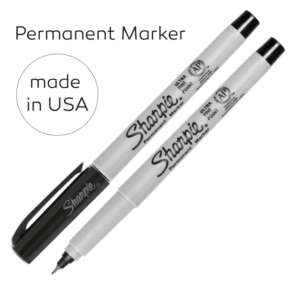 Two black Sharpie permanent markers with made in USA and Permanent Marker text.