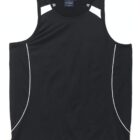 Black athletic tank top with white accents on shoulders and sides, displayed on a plain background.
