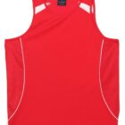 Red athletic tank top with white accents and a label on the collar.