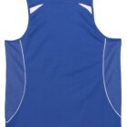 Blue sleeveless athletic shirt with white piping and mesh details, rear view.