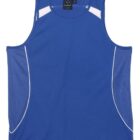 Blue sleeveless athletic top with white accents, laying flat on a plain background.
