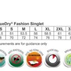Mens singlet size chart with features like UPF 30+, TrueDry, and easy care icons at the bottom.