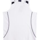 White sleeveless shirt with black trim detailing on the sides and shoulders.