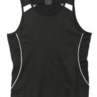 Black sleeveless athletic shirt with white trim on a white background.
