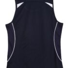 Back view of a black sports tank top with white accents on the shoulders and sides.