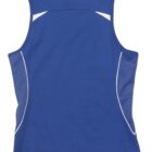 Back view of a blue sleeveless sports tank top with white accents.