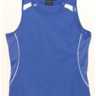Blue athletic tank top with white trim and mesh panels, shown on a flat surface.