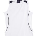 White sleeveless athletic shirt with black accents on the shoulders and sides.