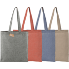 Four tote bags in gray, orange, blue, and beige lined up side by side.